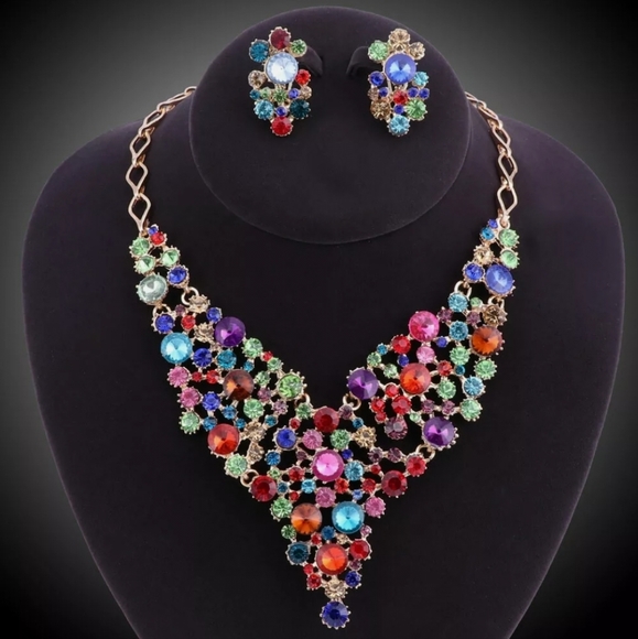 18K gold plated multi color rainbow crystal Necklace earrings set - Picture 9 of 15